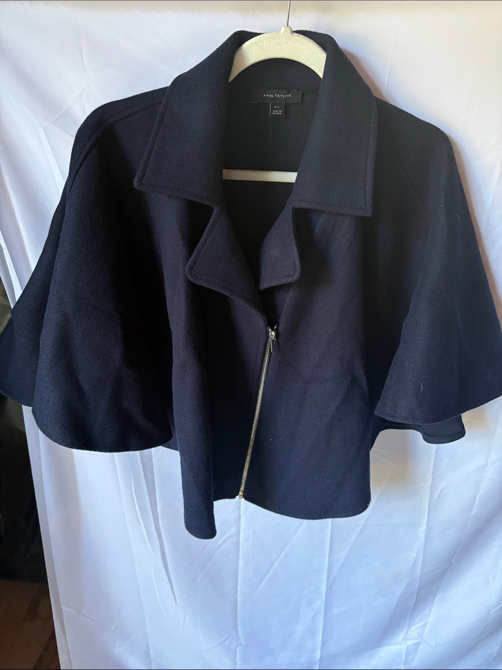 Ann Taylor Navy Cape Sleeve Zip-Front Sweater Jacket